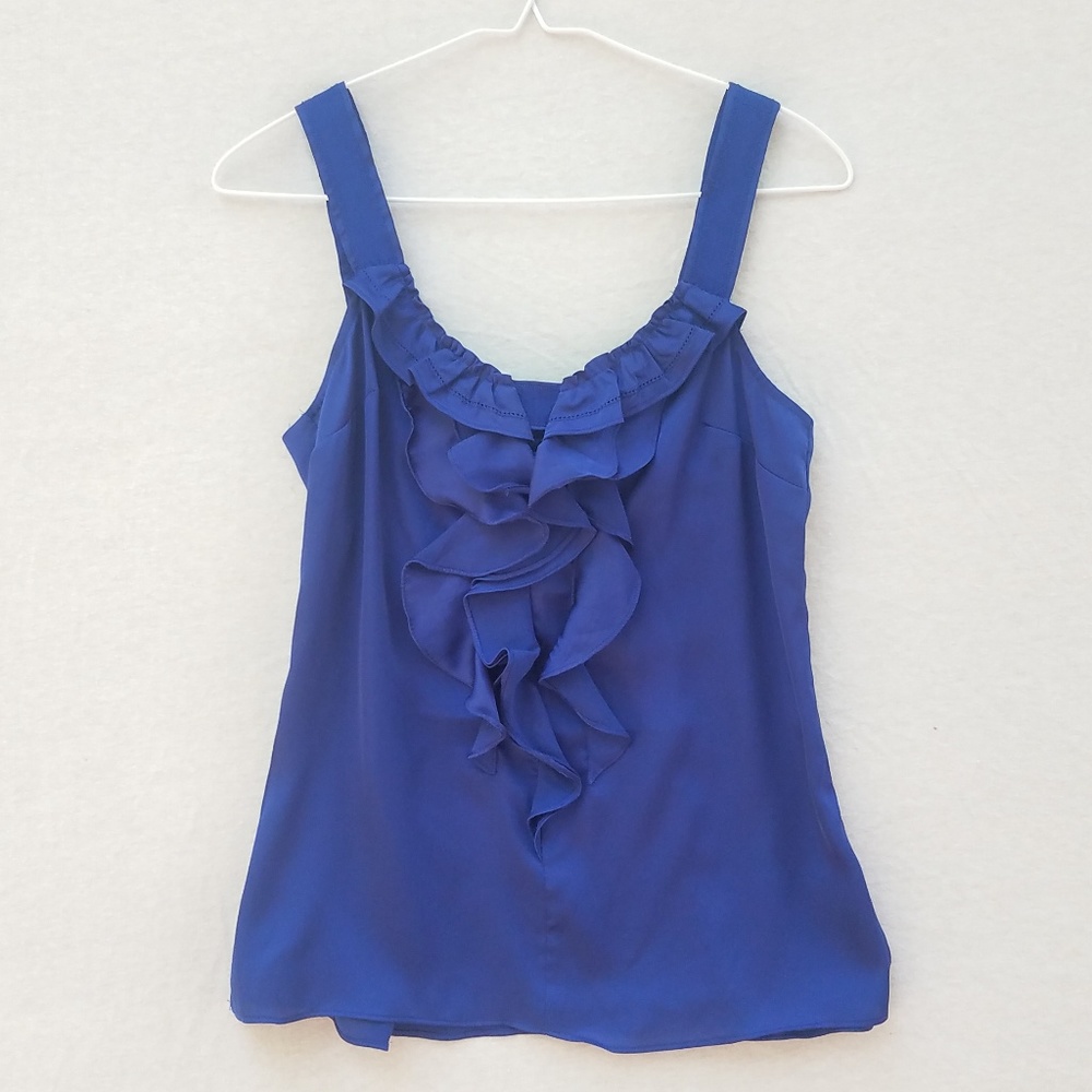 WHBM Navy Blue Ruffle Tank with Ribbon Straps